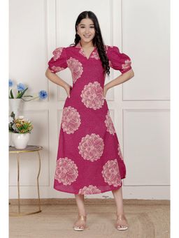 Miravan - Women's Pink Printed Collar Neck Short Puff Sleeves Cotton A-Line Midi Dress