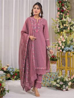 Autumnlane - Sanmati Cameo Schiffli Cotton Kurta and Pant with Dupatta - Lavender