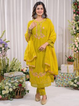 Autumnlane - Sanmati Canary Cotton Schiffli Kurta and Pant with Dupatta - Yellow