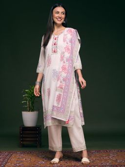 FASHOR - Floral Printed Straight Cut Kurta with Pant and Dupatta - White