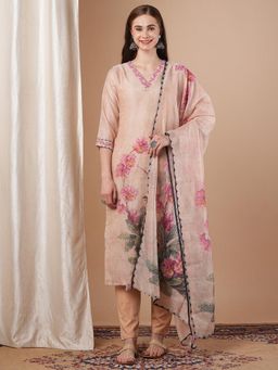 FASHOR - Floral Printed and Hand Embroidered Straight Kurta with Pant and Dupatta - Cream