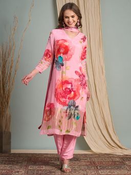 FASHOR - Floral Printed Straight Kurta with Pant and Dupatta - Pink