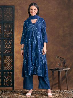 FASHOR - Floral Printed A-Line Panelled Kurta and Pant with Dupatta - Navy Blue