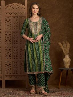 FASHOR - Bandhani Printed and Embroidered Straight Fit Kurta with Pant and Dupatta - Green
