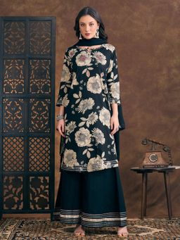 FASHOR - Floral Printed Straight Fit Kurta with Palazzo and Dupatta - Black