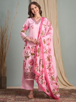 FASHOR - Floral Printed Straight Fit Kurta with Pants and Dupatta - Pink