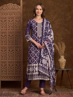 FASHOR - Floral Printed Straight Kurta with Pant and Dupatta - Purple