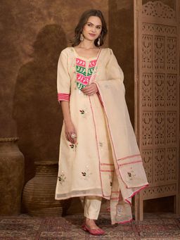 FASHOR - Solid Gota Patti Embroidered Straight Cut Kurta with Pant and Dupatta - Cream
