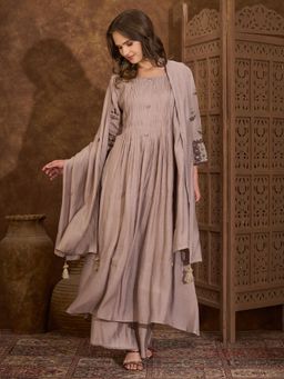 FASHOR - Solid Thread Work Embroidered A-Line Kurta with Palazzo and Dupatta - Mouse Grey