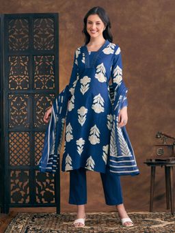 FASHOR - Floral Printed Straight Fit Kurta with Pant and Dupatta - Blue