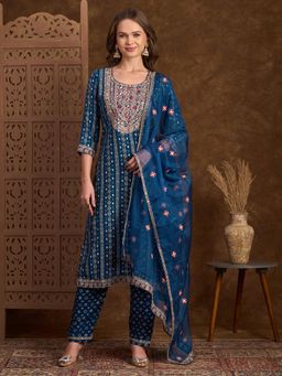 FASHOR - Bandhani Printed and Embroidered Straight Fit Kurta with Pant and Dupatta - Blue
