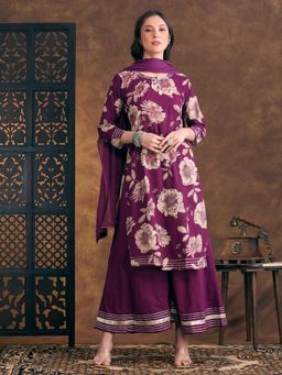 FASHOR - Floral Printed Straight Fit Kurta and Palazzo with Dupatta - Burgundy