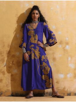 trueBrowns - Purple Mustard Floral Print Muslin Silk Straight Maxi Dress