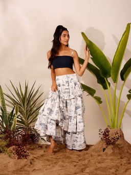 Moonstruck - Blue & White Printed Ruffle Skirt with Strap Crop Top (Set of 2)