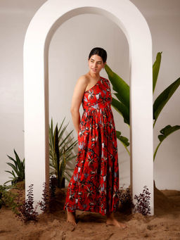 Moonstruck - One Shoulder Palm Tree Print Red Maxi