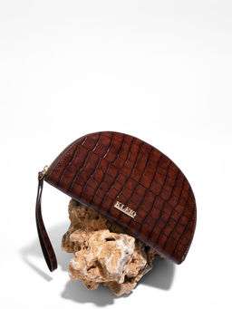 KLEIO - Vegan Croco Zipper Closure Half Moon Wristlet Pouch for Women - Brown