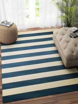 IMPERIAL KNOTS - Ivory Blue Stripes Hand Woven Dhurrie (5x8 feet)