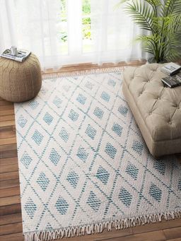 IMPERIAL KNOTS - White and Blue Kilim Hand Woven Dhurrie (4 x 6 feet)
