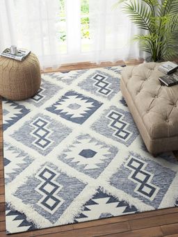 IMPERIAL KNOTS - Ivory Blue Hand Woven Kilim Dhurrie (5 x 7 Feet)