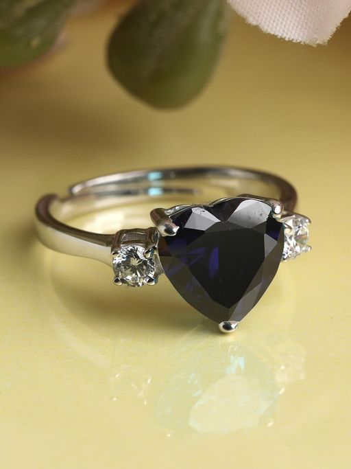 CLARA 925 Silver Rhodium Plated Swiss Zirconia Royal Blue Heart Adjustable Ring For Women & Girls