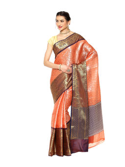 Banarasi Silk Works - Orange Kanchi Silk Pattu Border Saree with Unstitched Blouse