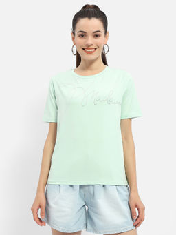 Madame - Embellished Typography Mint Green Regular T-Shirt