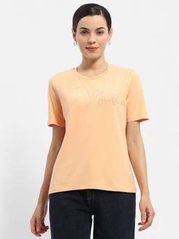 Madame - Embellished Typography Peach Regular T-Shirt
