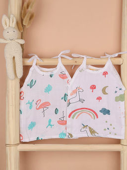 Moms Home - White Flamingo & Unicorn Muslin Open Knotted Jhabla (Pack of 2)