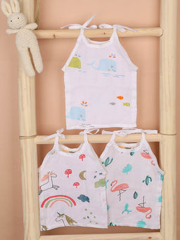 Moms Home - White Flamingo Whale & Unicorn Muslin Open Knotted Jhabla (Pack of 3)