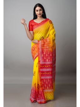 Unnati Silks - Yellow Pure Block Printed Kota Cotton Saree with Unstitched Blouse