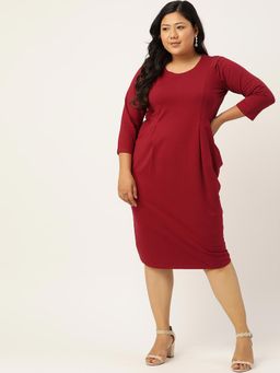 theRebelinme - Plus Size Womens Maroon Solid Color Sheath Dress