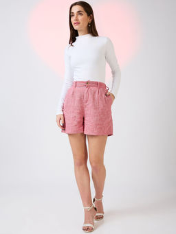 Globus - Women Red Linen Cotton Partially Elasticated Button Closure Mini Casual Shorts