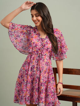 Globus - Women Pink V-Neck Flared Sleeves Floral Print Tie-Up Detail Mini A-Line Dress