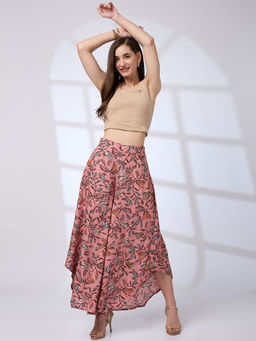 Globus - Women Pink Allover Floral Print Asymmetric Flared Hem Fusion Palazzo