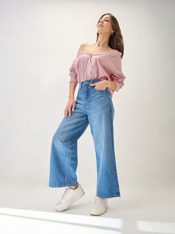 Globus - Women Light Blue Cotton Whiskers Effect Mid Rise Wide Leg Denim Jeans