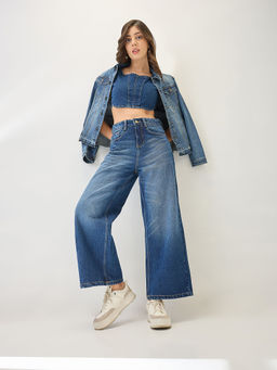 Globus - Women Dark Blue Cotton Whiskers Effect Mid Rise Wide Leg Denim Jeans