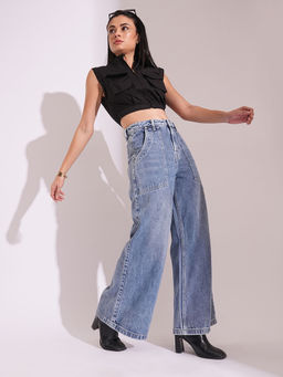 Globus - Women Light Blue Cotton High Rise Whiskers Effect Wide Leg Jeans