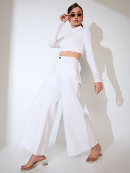 Globus - Women White Cotton Solid Mid Rise Super Flared Jeans