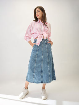 Globus - Women Light Blue Midi Rise Panelled A-Line Midi Denim Skirt