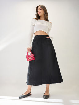 Globus - Women Black Mid Rise Panelled A-Line Midi Denim Skirt