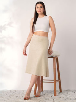 Globus - Women Ivory Shimmer Ribbed Mid-Rise Flared Party Skirt