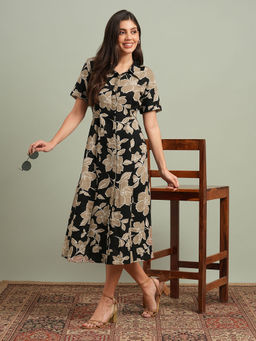 Globus - Women Black Collared Neck Short Sleeves Floral Print Midi Workwear Shirt Dress