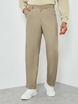 Styli - Mens Beige Mid Rise Korean Pleated Bootcut Pant