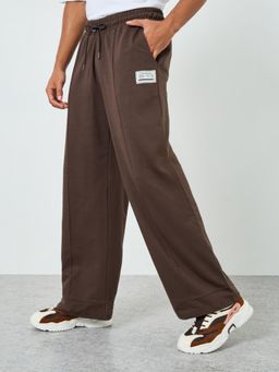 Styli - Mens Brown Pintuck Wide Leg Terry Badge Detail Trouser