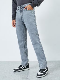 Styli - Mens Grey Relaxed Fit Medium Wash Mid Rise Stretchable Denim