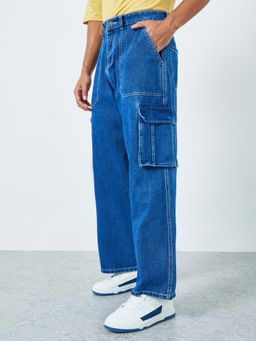 Styli - Mens Back Self Applique Detail Blue Cargo Denim Baggy Jeans