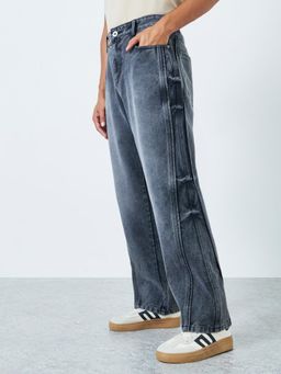 Styli - Mens Black Mid Rise Loose Fit Panelled Medium Washed Jeans