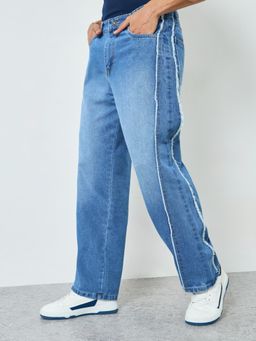 Styli - Mens Light Blue Medium Washed Oversize Fit Panelled Jeans