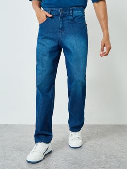 Styli - Mens Contrast Pocket Blue Mid Rise Loose Fit Clean Look Jeans