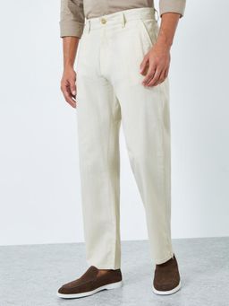Styli - Mens Beige Stripes Relaxed Fit Mid Rise Trouser